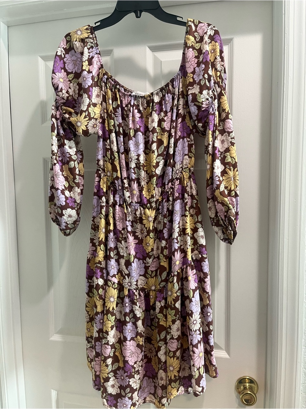 First Love Floral Mini Dress in Brown, Purple, Yellow, Cream